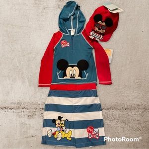 NWT Disney Store Mickey Mouse Toddler Bathing Suit Set with Matching Hat